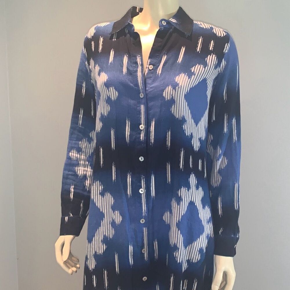 Chicos Blue Aztec Linen Button Down Dress Size 1 - Picture 2 of 12